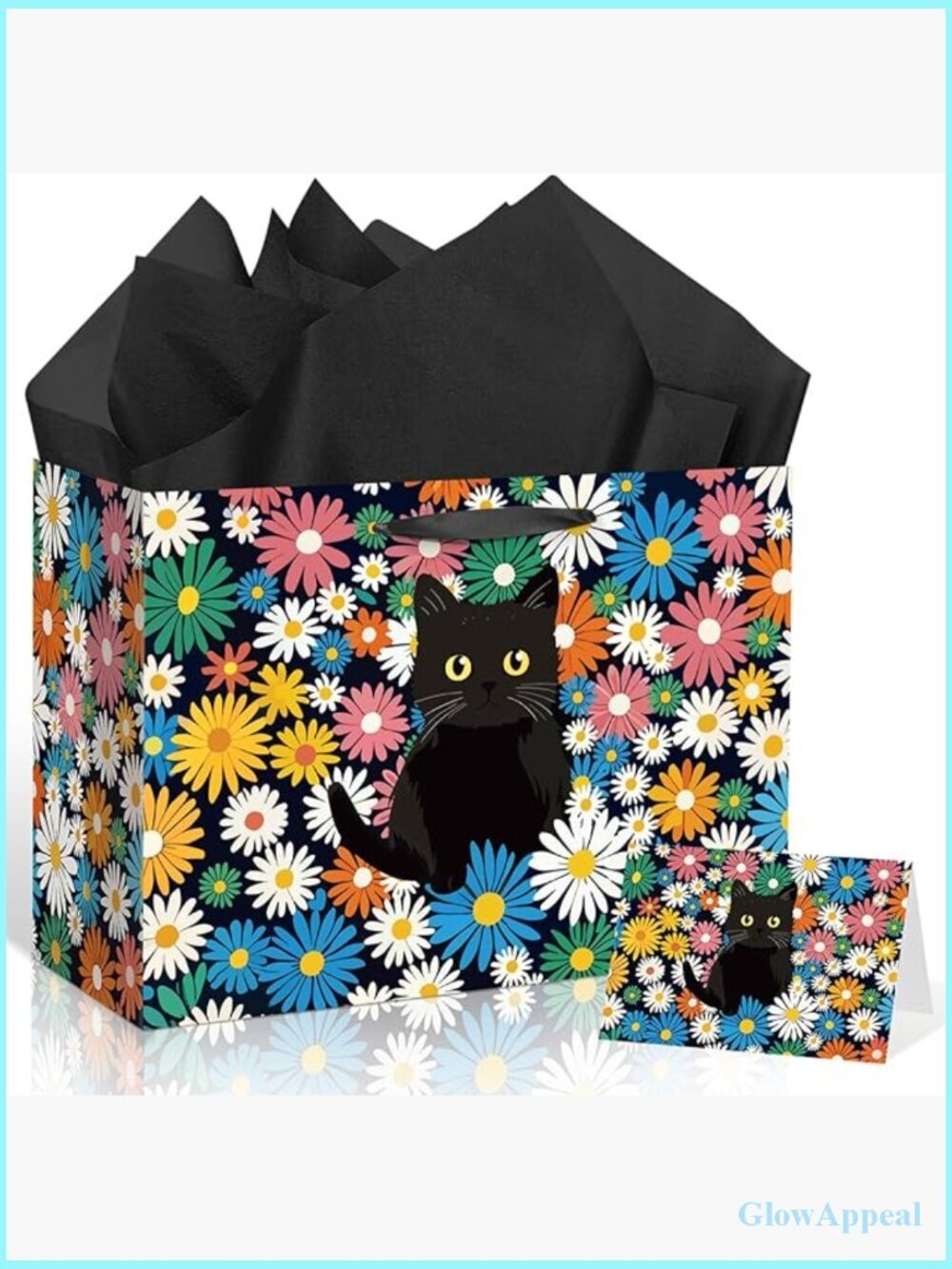 Vintage Floral Cat Gift Bag with Greeting Card and Tissue Paper